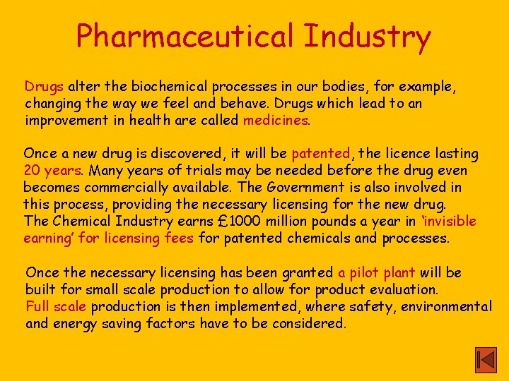 Pharmaceutical Industry Drugs alter the biochemical processes in our bodies, for example, changing the