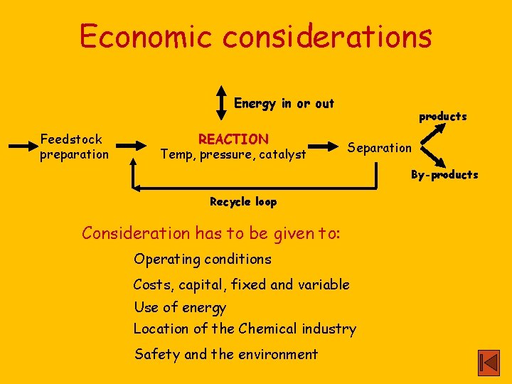 Economic considerations Energy in or out Feedstock preparation REACTION Temp, pressure, catalyst products Separation