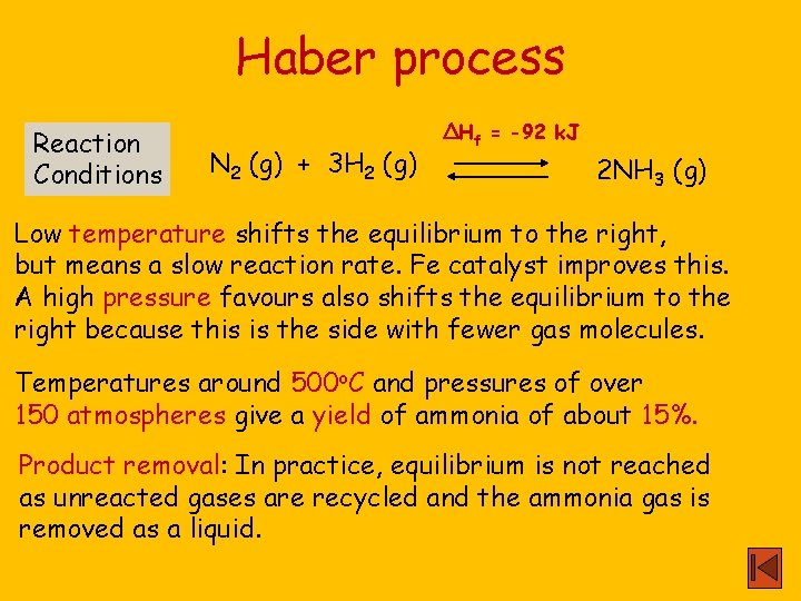 Haber process Reaction Conditions N 2 (g) + 3 H 2 (g) ΔHf =