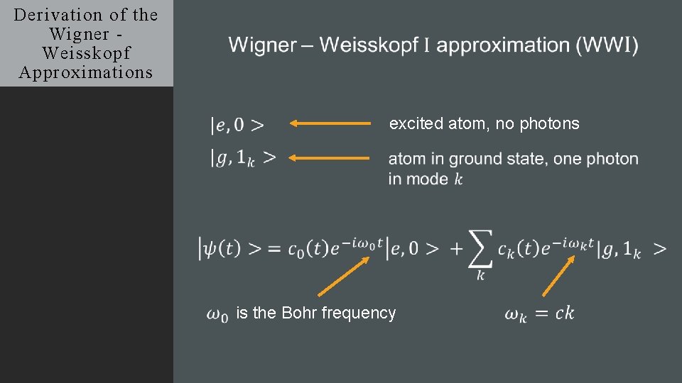 Derivation of the Wigner Weisskopf Approximations excited atom, no photons is the Bohr frequency