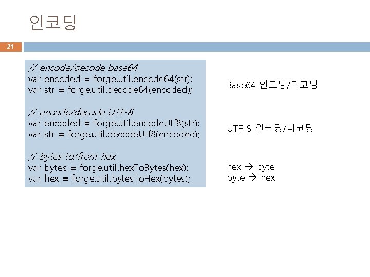 인코딩 21 // encode/decode base 64 var encoded = forge. util. encode 64(str); var