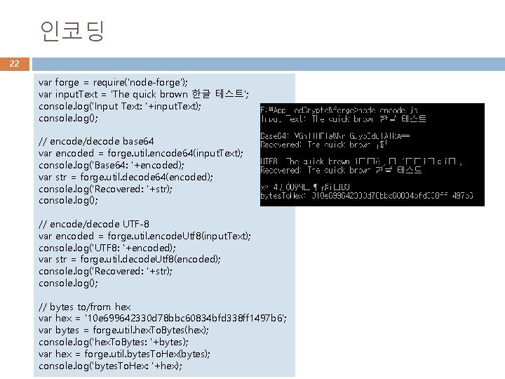 인코딩 22 var forge = require('node-forge'); var input. Text = 'The quick brown 한글