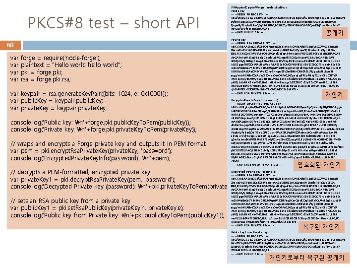 PKCS#8 test – short API 60 var var forge = require('node-forge'); plaintext = "Hello