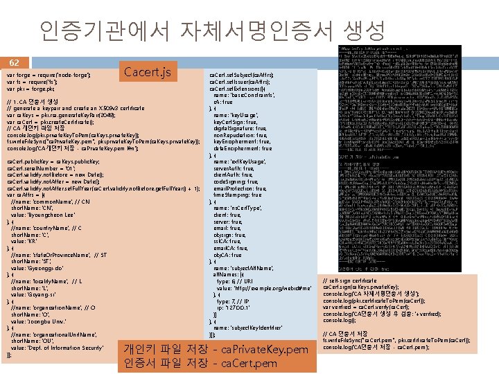 인증기관에서 자체서명인증서 생성 62 var forge = require('node-forge'); var fs = require('fs'); var pki