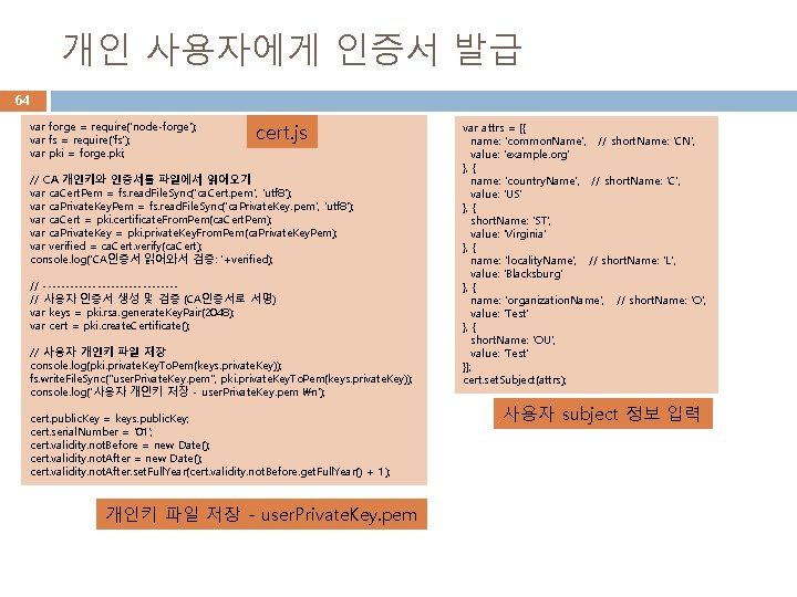 개인 사용자에게 인증서 발급 64 var forge = require('node-forge'); var fs = require('fs'); var