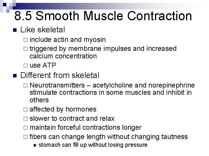 8. 5 Smooth Muscle Contraction n Like skeletal ¨ include actin and myosin ¨