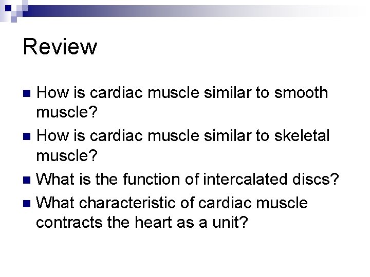 Review How is cardiac muscle similar to smooth muscle? n How is cardiac muscle
