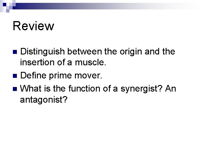Review Distinguish between the origin and the insertion of a muscle. n Define prime