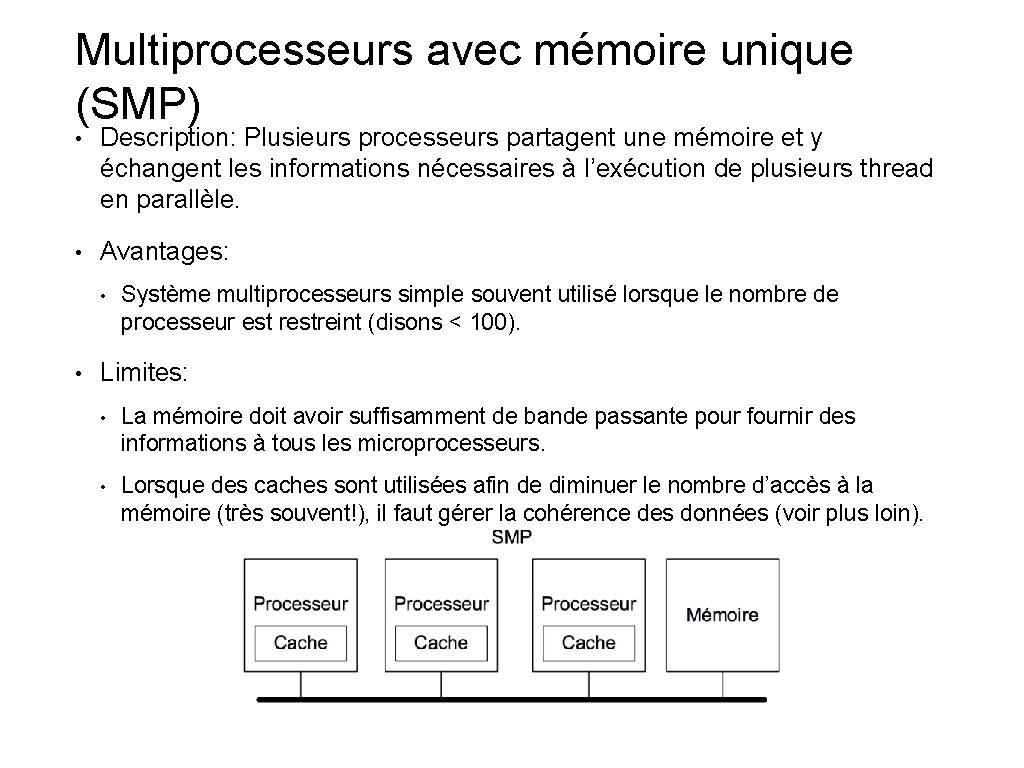 Multiprocesseurs avec mémoire unique (SMP) • Description: Plusieurs processeurs partagent une mémoire et y