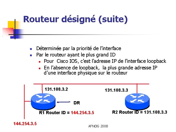 Routeur désigné (suite) Déterminée par la priorité de l’interface Par le routeur ayant le