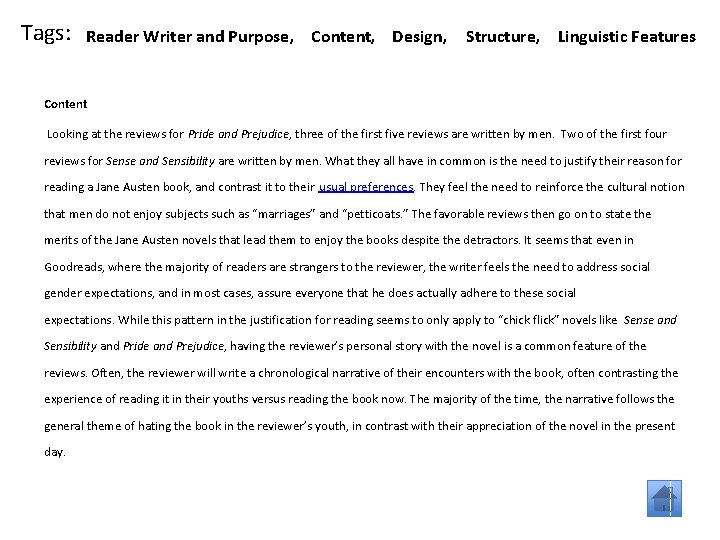 Tags: Reader Writer and Purpose, Content, Design, Structure, Linguistic Features Content Looking at the Tags: Reader Writer and Purpose, Content, Design, Structure, Linguistic Features Content Looking at the