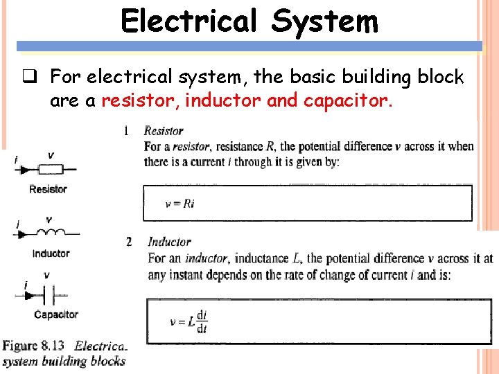 Electrical System q For electrical system, the basic building block are a resistor, inductor