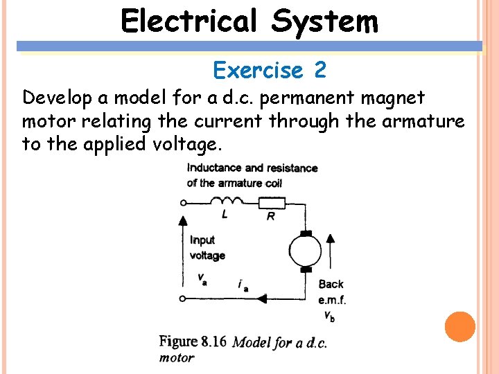 Electrical System Exercise 2 Develop a model for a d. c. permanent magnet motor