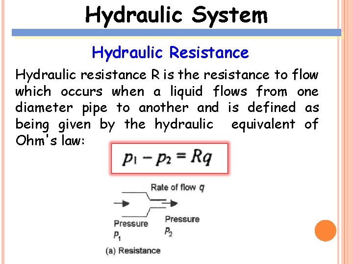 Hydraulic System Hydraulic Resistance Hydraulic resistance R is the resistance to flow which occurs