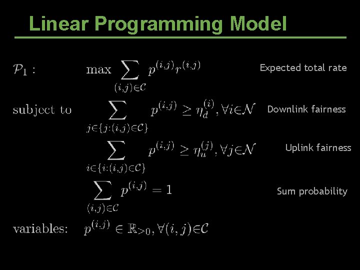 Linear Programming Model Expected total rate Downlink fairness Uplink fairness Sum probability Linear Programming Model Expected total rate Downlink fairness Uplink fairness Sum probability