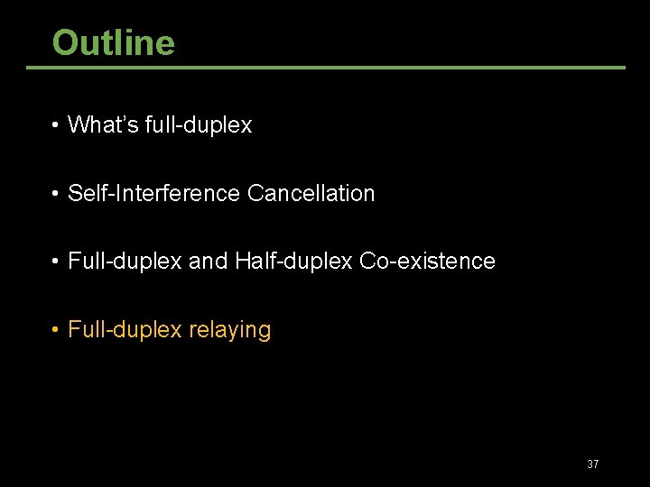 Outline • What’s full-duplex • Self-Interference Cancellation • Full-duplex and Half-duplex Co-existence • Full-duplex Outline • What’s full-duplex • Self-Interference Cancellation • Full-duplex and Half-duplex Co-existence • Full-duplex