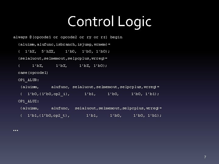 Control Logic always @(opcode 1 or opcode 2 or ry or rz) begin {aluimm,