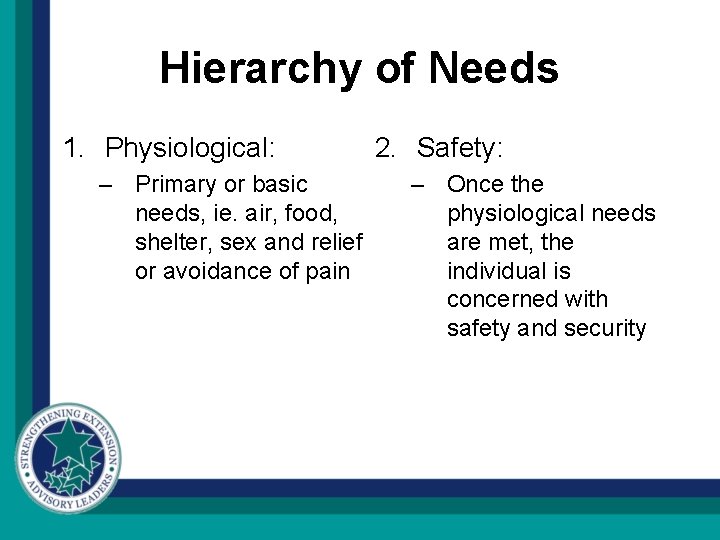 Hierarchy of Needs 1. Physiological: – Primary or basic needs, ie. air, food, shelter,