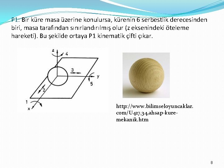 P 1: Bir küre masa üzerine konulursa, kürenin 6 serbestlik derecesinden biri, masa tarafından