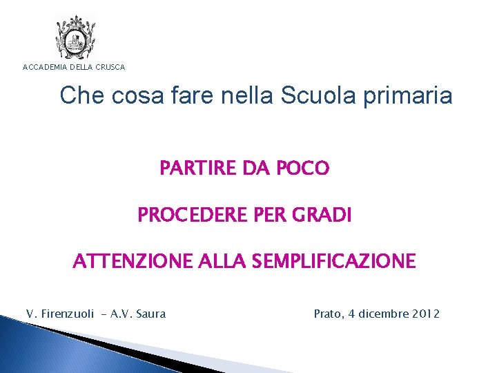 ACCADEMIA DELLA CRUSCA Che cosa fare nella Scuola primaria PARTIRE DA POCO PROCEDERE PER