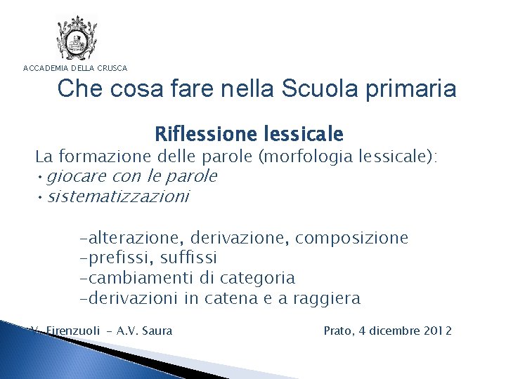 ACCADEMIA DELLA CRUSCA Che cosa fare nella Scuola primaria Riflessione lessicale La formazione delle