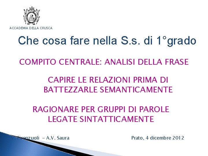 ACCADEMIA DELLA CRUSCA Che cosa fare nella S. s. di 1°grado COMPITO CENTRALE: ANALISI