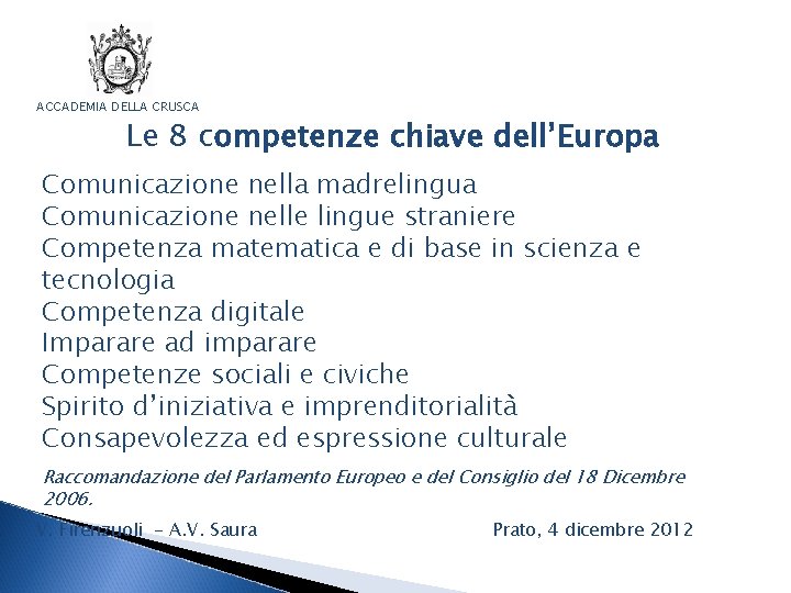 ACCADEMIA DELLA CRUSCA Le 8 competenze chiave dell’Europa Comunicazione nella madrelingua Comunicazione nelle lingue