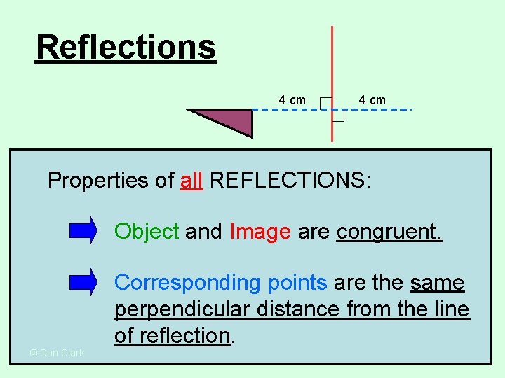 Reflections 4 cm Properties of all REFLECTIONS: Object and Image are congruent. © Don