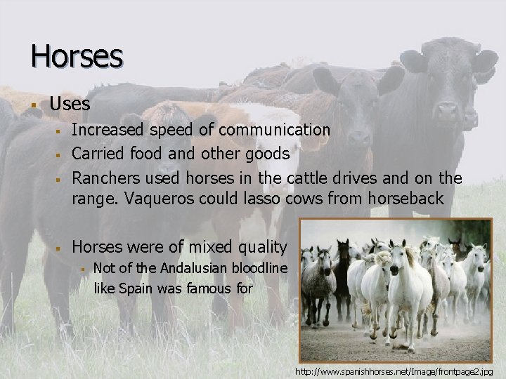 Horses § Uses § § Increased speed of communication Carried food and other goods Horses § Uses § § Increased speed of communication Carried food and other goods