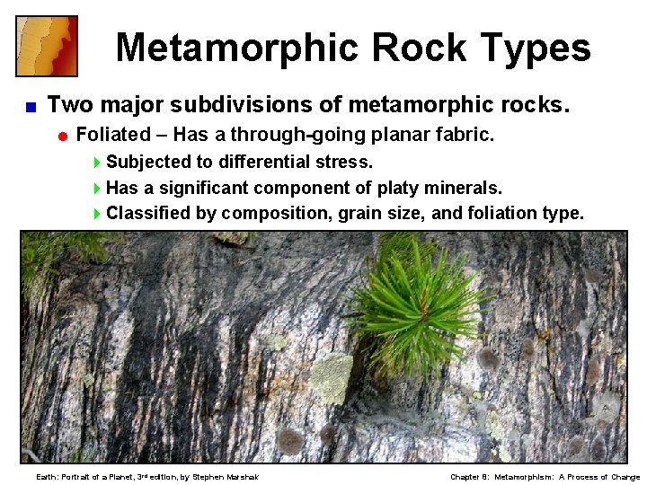 Metamorphic Rock Types < Two major subdivisions of metamorphic rocks. = Foliated – Has