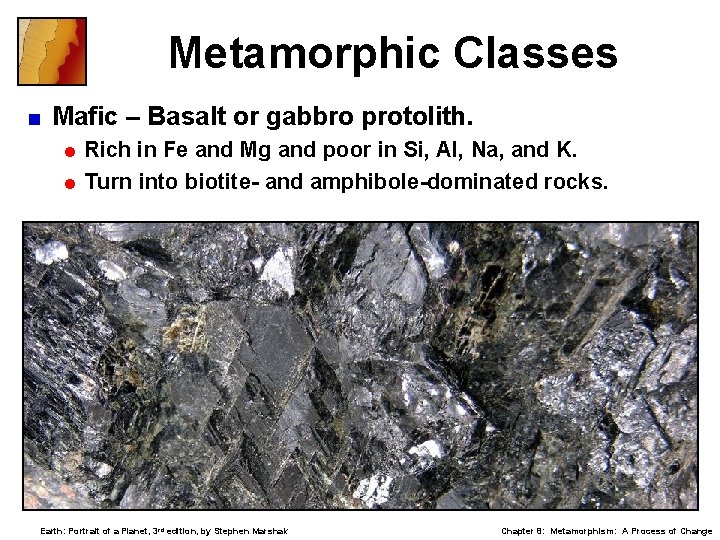 Metamorphic Classes < Mafic – Basalt or gabbro protolith. = Rich in Fe and