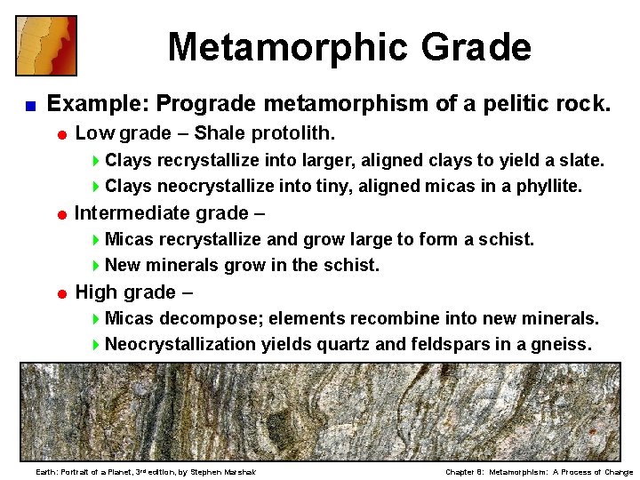 Metamorphic Grade < Example: Prograde metamorphism of a pelitic rock. = Low grade –