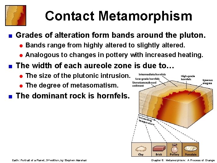 Contact Metamorphism < Grades of alteration form bands around the pluton. = Bands range