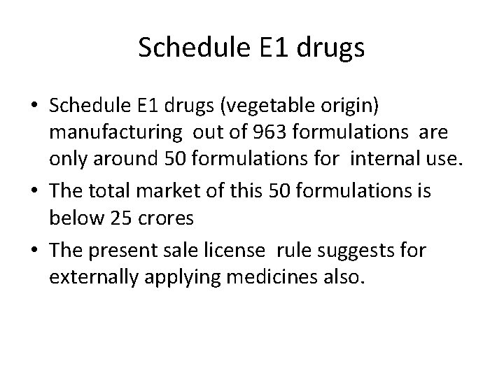 Schedule E 1 drugs • Schedule E 1 drugs (vegetable origin) manufacturing out of