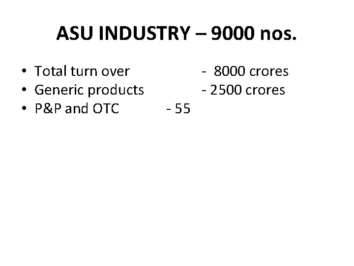 ASU INDUSTRY – 9000 nos. • Total turn over - 8000 crores • Generic