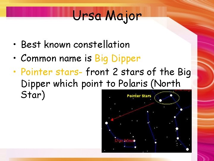 Ursa Major • Best known constellation • Common name is Big Dipper • Pointer