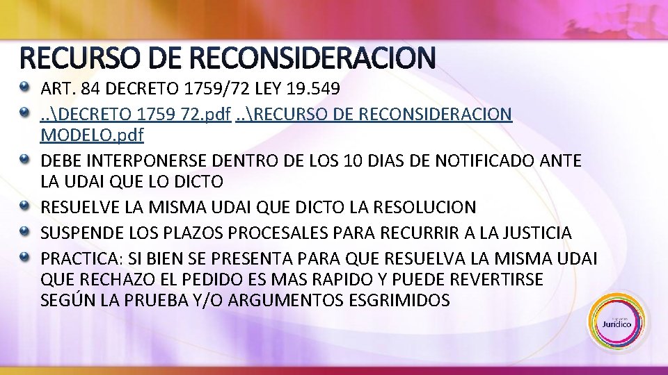 RECURSO DE RECONSIDERACION ART. 84 DECRETO 1759/72 LEY 19. 549. . DECRETO 1759 72.