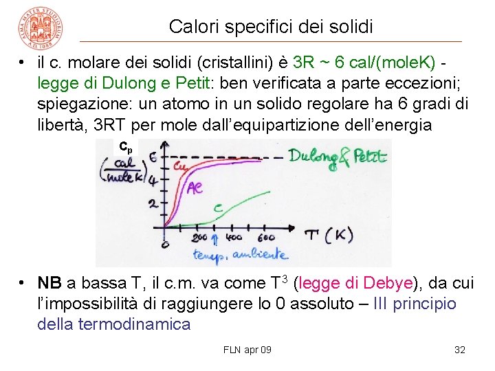 Calori specifici dei solidi • il c. molare dei solidi (cristallini) è 3 R