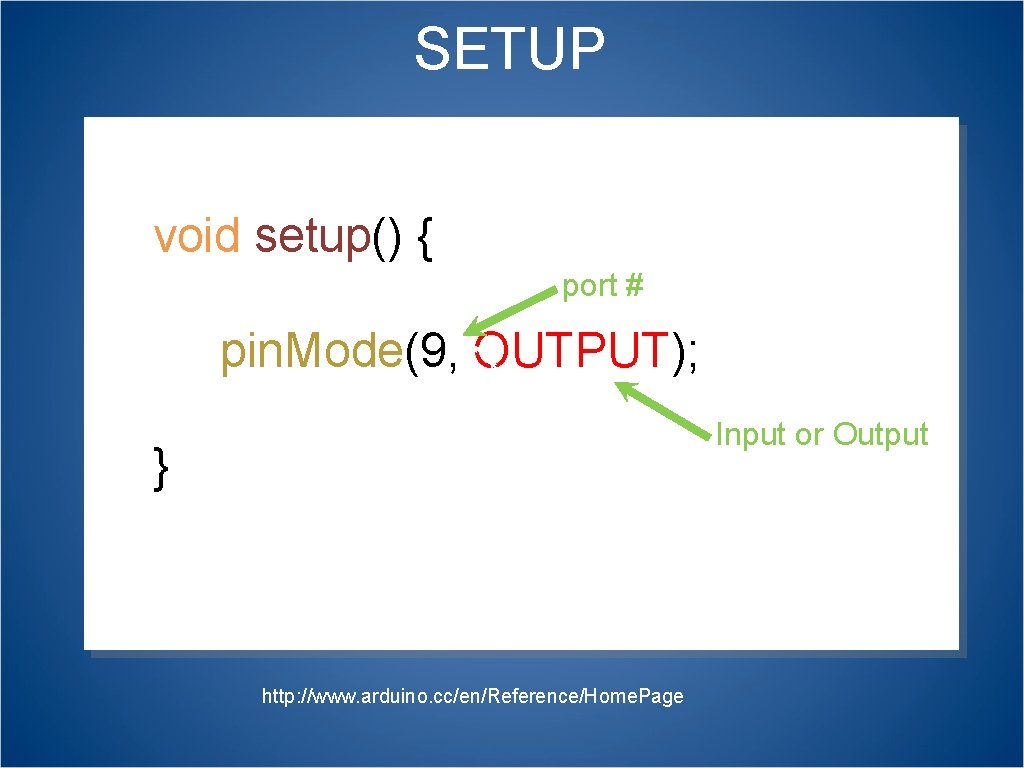 SETUP void setup() { port # pin. Mode(9, OUTPUT); Input or Output } http: