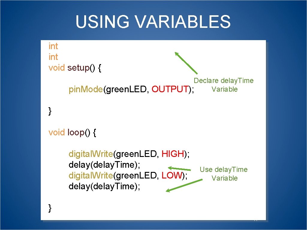 USING VARIABLES int delay. Time = 2000; int green. LED = 9; void setup()