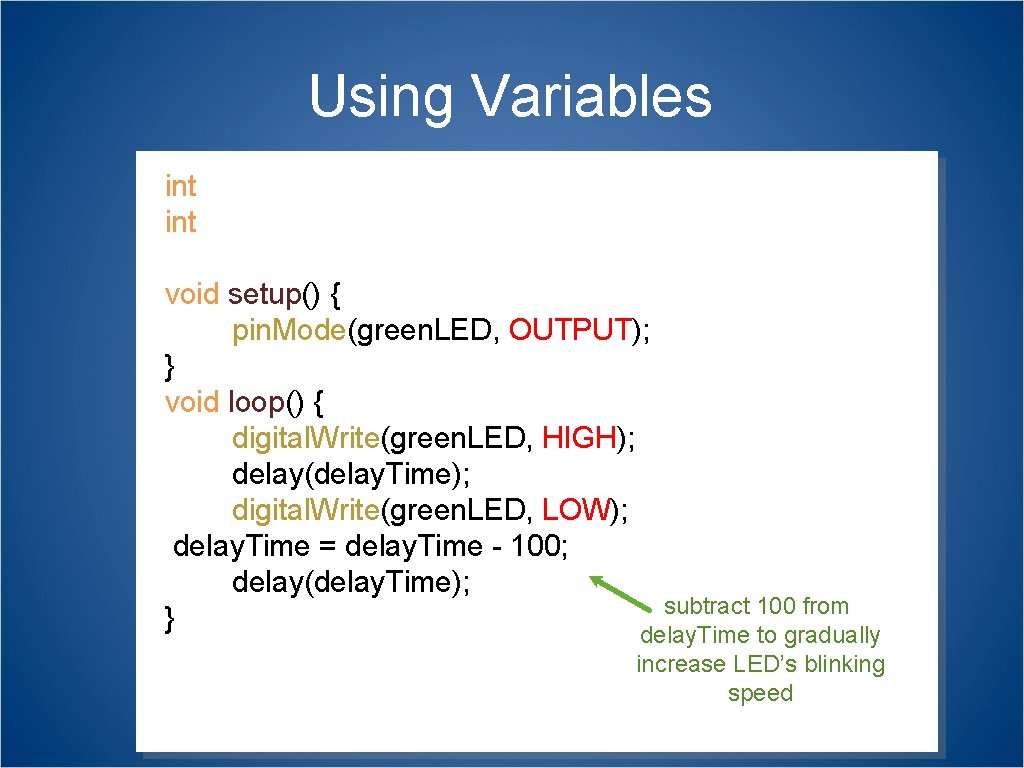 Using Variables int delay. Time = 2000; int green. LED = 9; void setup()