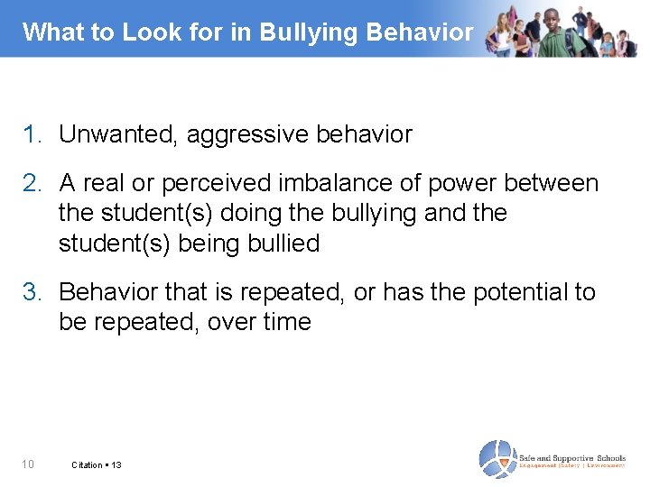 What to Look for in Bullying Behavior 1. Unwanted, aggressive behavior 2. A real