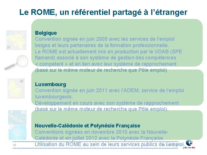 Le ROME, un référentiel partagé à l’étranger Belgique Convention signée en juin 2009 avec