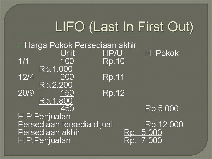 LIFO (Last In First Out) � Harga Pokok Persediaan akhir Unit HP/U H. Pokok