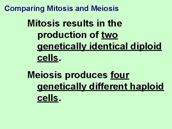 Comparing Mitosis and Meiosis Mitosis results in the production of two genetically identical diploid