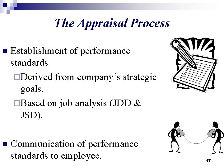 The Appraisal Process Establishment of performance standards ¨Derived from company’s strategic goals. ¨Based on