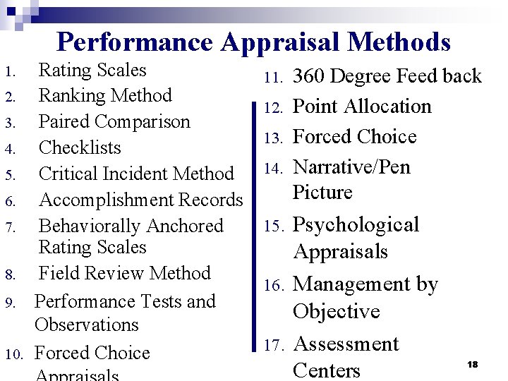 Performance Appraisal Methods 1. 2. 3. 4. 5. 6. 7. 8. 9. 10. Rating