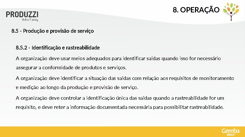 8. OPERAÇÃO 8. 5 - Produção e provisão de serviço 8. 5. 2 -