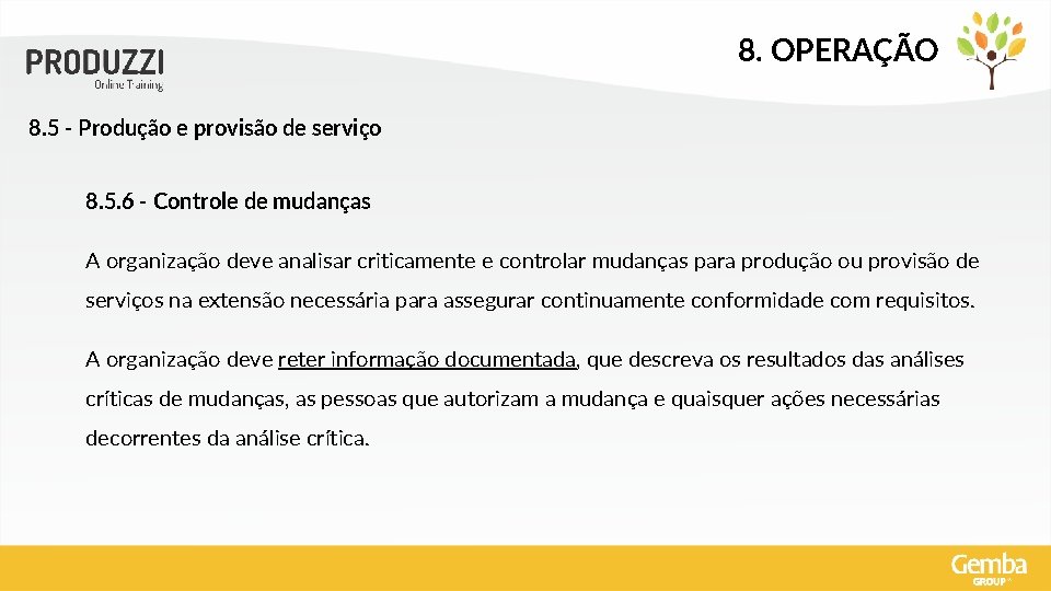 8. OPERAÇÃO 8. 5 - Produção e provisão de serviço 8. 5. 6 -