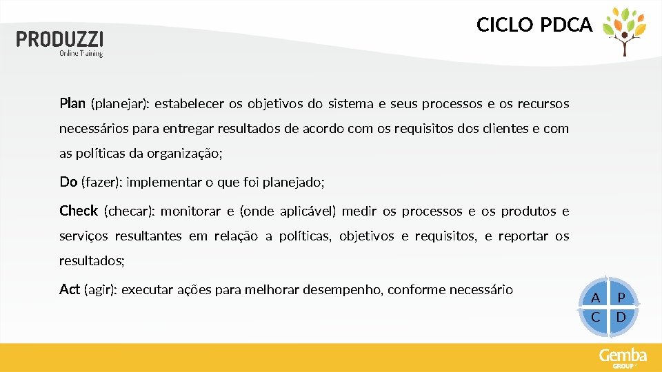 CICLO PDCA Plan (planejar): estabelecer os objetivos do sistema e seus processos e os